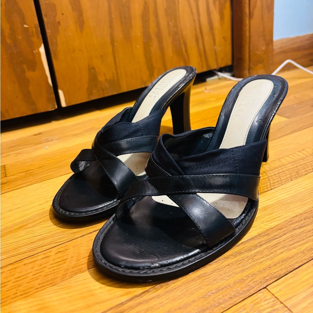 Vintage Franco Sarto navy blue leather and canvas heels